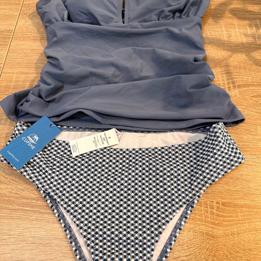Cupshe Cornflower Blue and Gingham bottoms.  Tankini swim set new with tags.